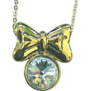 Gold-Tone Bow Pendant Necklace With Clear Crystal Charm 20 Inches Lobster Clasp